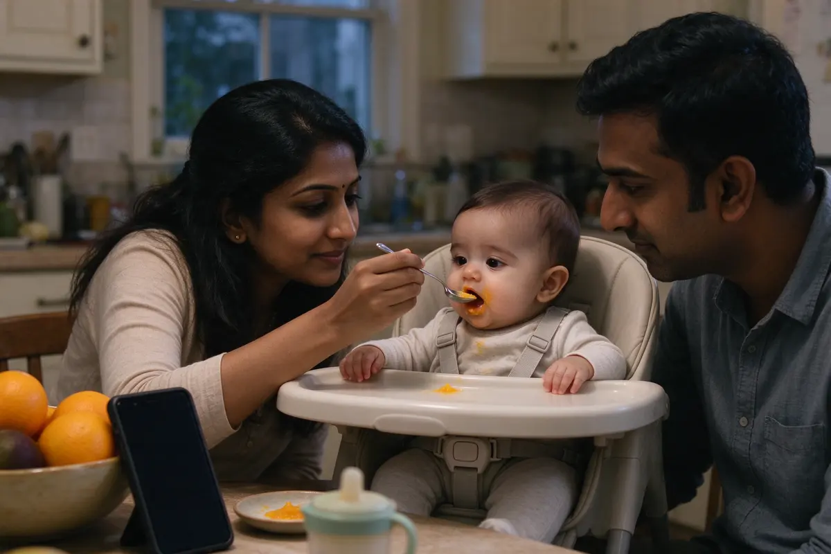 A phone propped against a fruit bowl, recording, as the mother offers a half spoonful of puree to the buckled baby, who leans forward open-mouthed; the father watches the baby, not the screen.