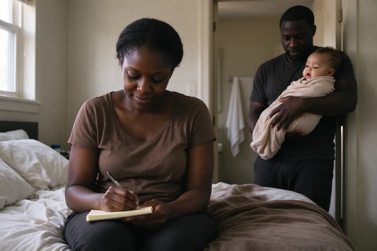 The mother sitting on the edge of the bed in the early light writing on a small notepad, the father in the doorway behind her holding the baby against his shoulder.