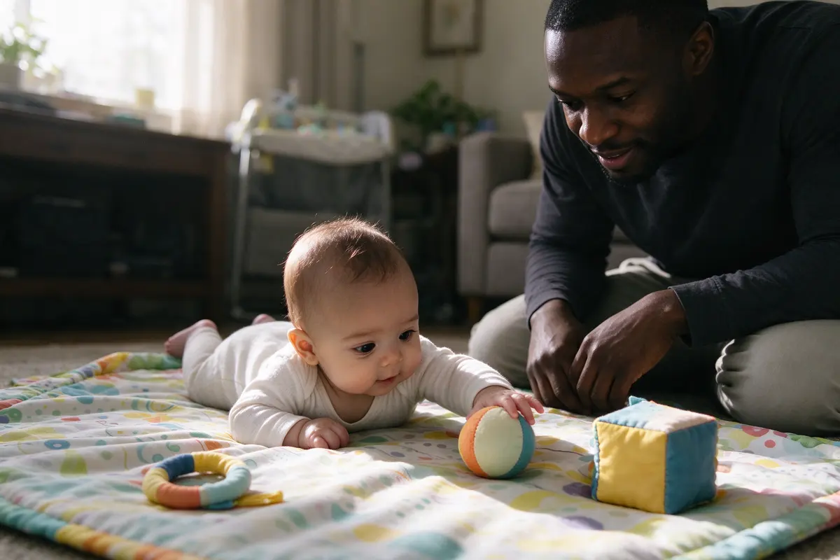The baby on their tummy on the mat, three cloth toys set in a loose circle just out of reach, one arm stretched toward a soft ball while the father kneels close beside them.
