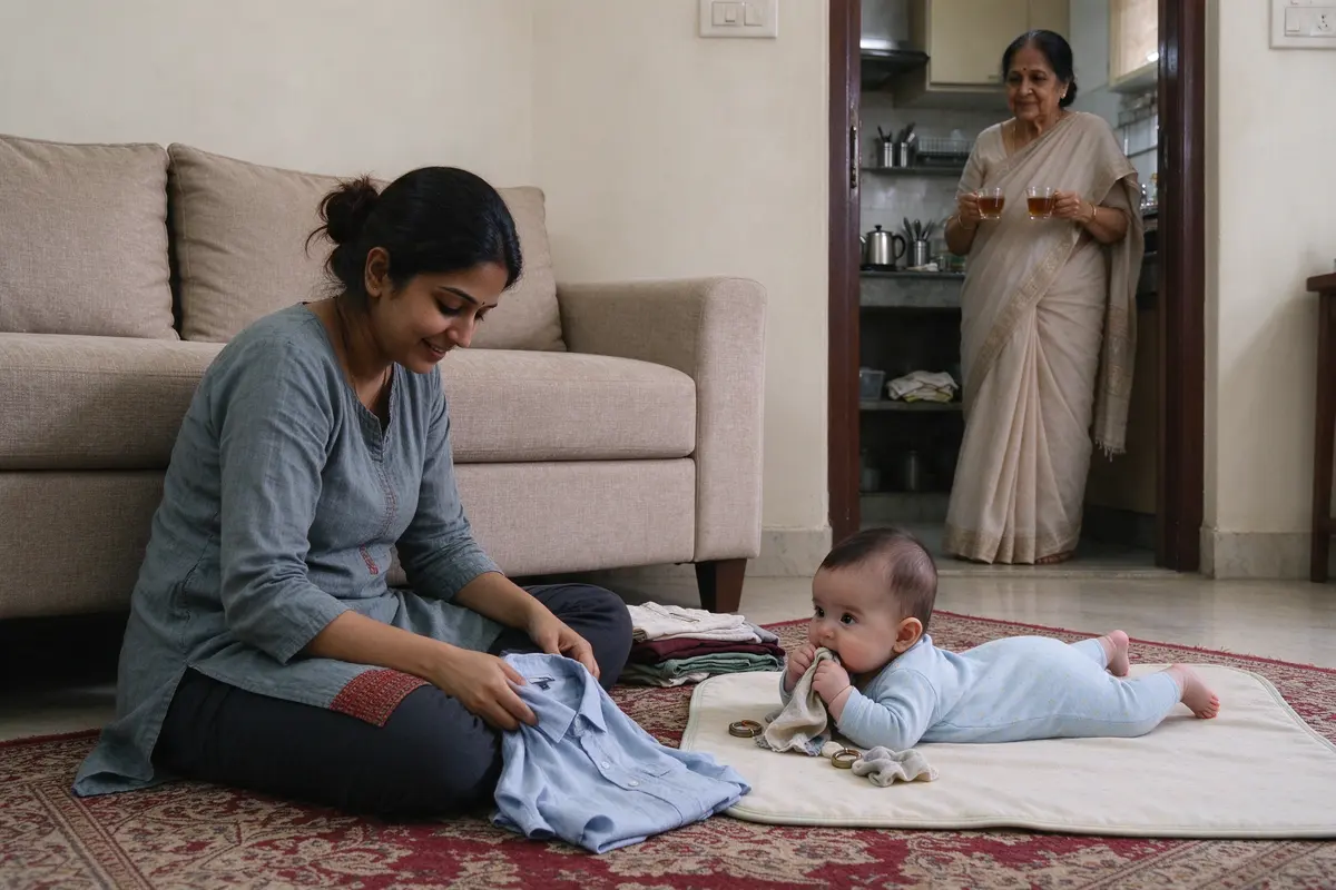 The mother folding laundry on the floor with her back against the sofa, the baby on the play mat beside her chewing a cloth toy, the grandmother in the kitchen doorway with two cups of tea.
