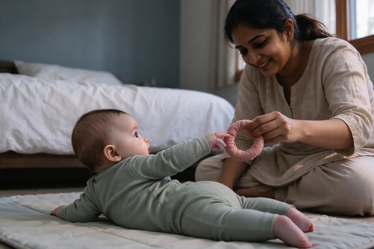 The baby on their tummy on the mat, head turned and one arm reaching back over a shoulder toward a soft fabric ring the mother holds just out of reach on the floor behind them.