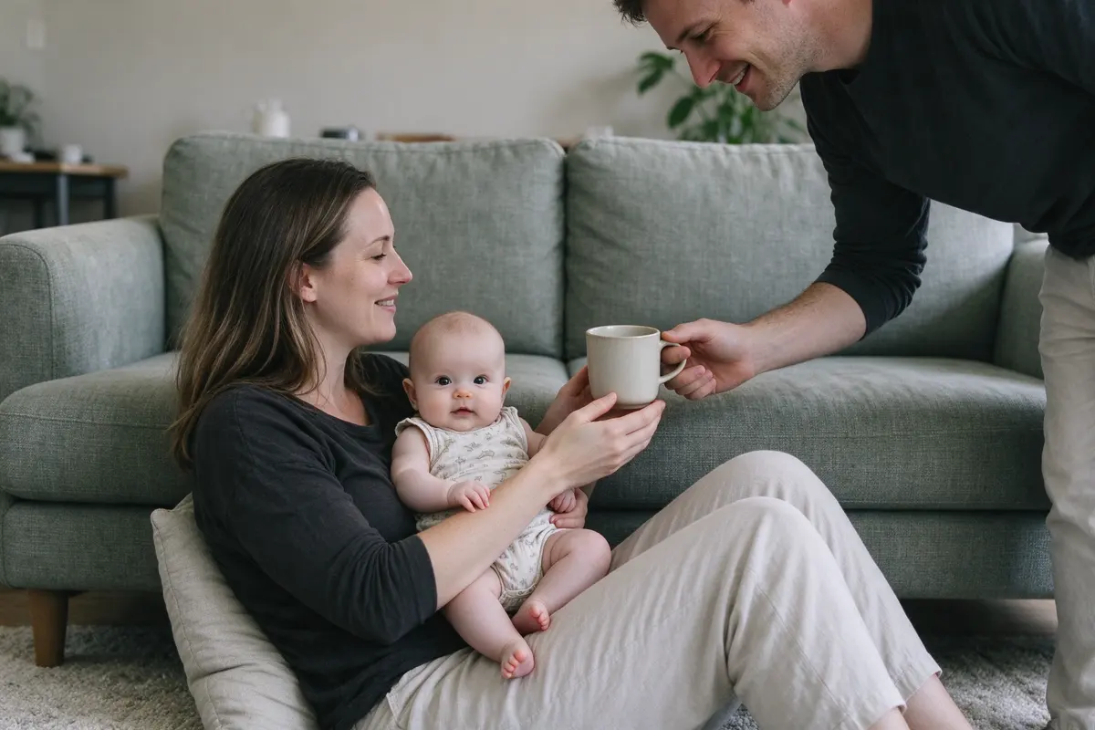 The mother sitting on the floor with her back against the sofa and a cushion behind her, knees up, the baby propped on her lap, the father reaching down to hand her a mug.