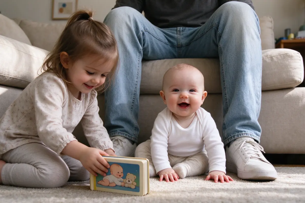 The baby sitting between the father's legs ringed by two sofa cushions, both small hands flat on the rug, a toddler sister holding a board book up in front of them.
