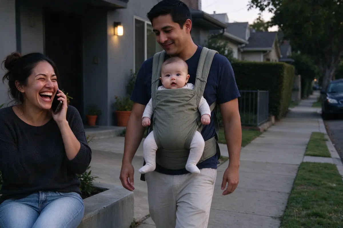 The mother on the front step with a phone to her ear, laughing, while the father walks the baby in a carrier along the sidewalk in the evening light.