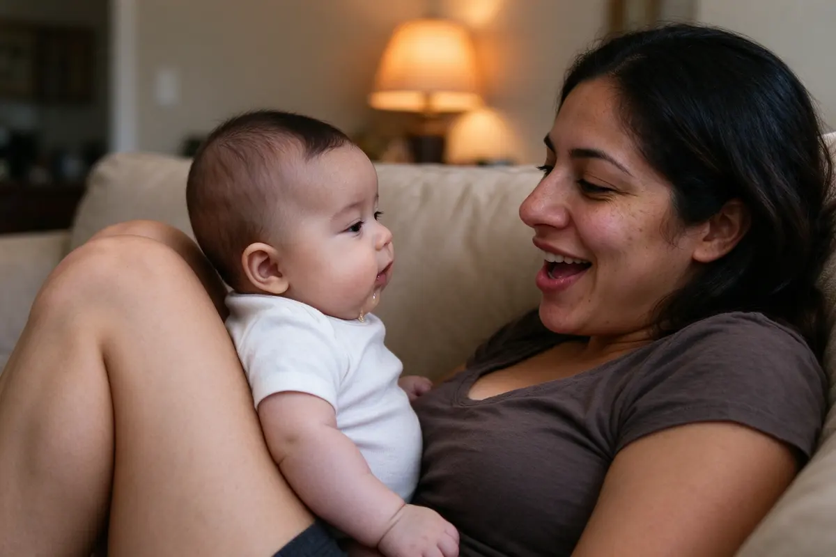 The baby propped against the mother's raised knees on the sofa, drool on their chin, the mother leaning in with a wide smile and her lips shaped to copy a sound.