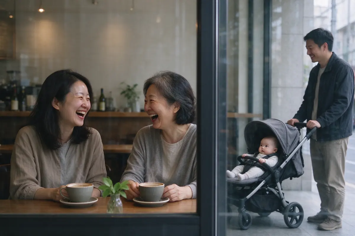The mother at a cafe table with an old friend, both laughing over coffee, the father visible through the window outside pushing the stroller with the baby facing him.