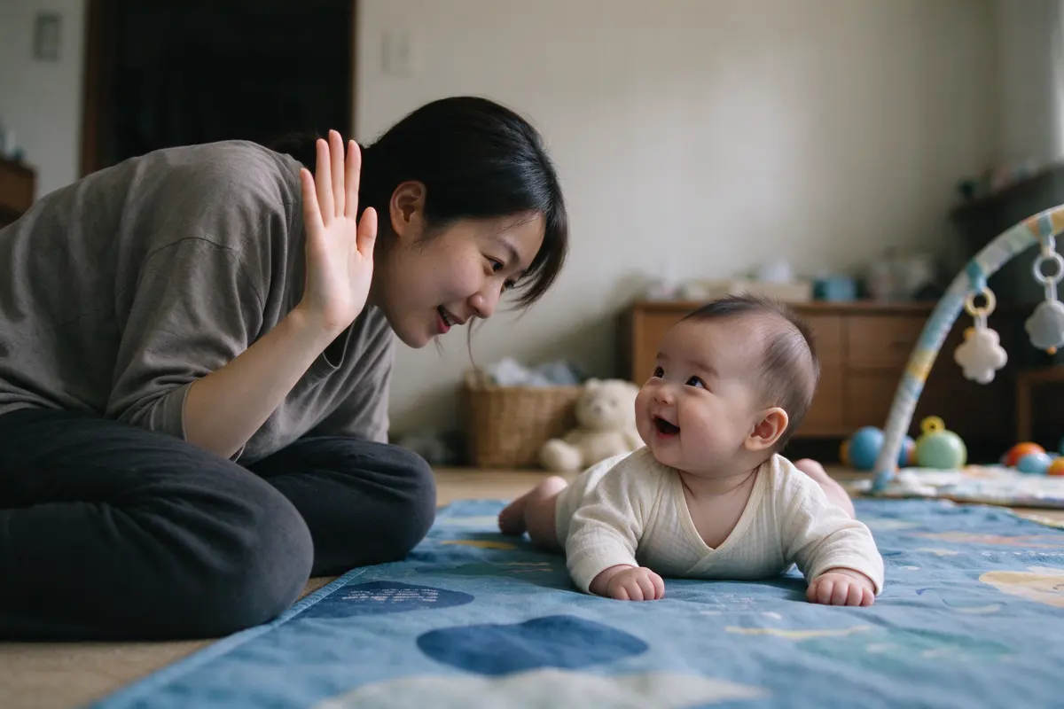 The mother kneeling to one side of the mat, just out of the baby's view, one hand raised in a small wave as the baby twists toward her voice with a wide grin.