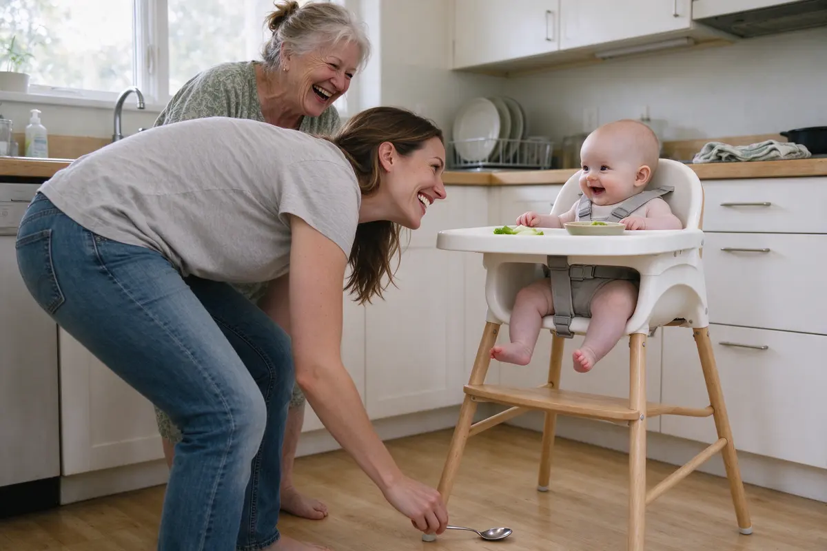 The mother bending to pick a dropped spoon off the floor beside the high chair for what is clearly not the first time, grinning up at the baby, the grandmother laughing behind her.