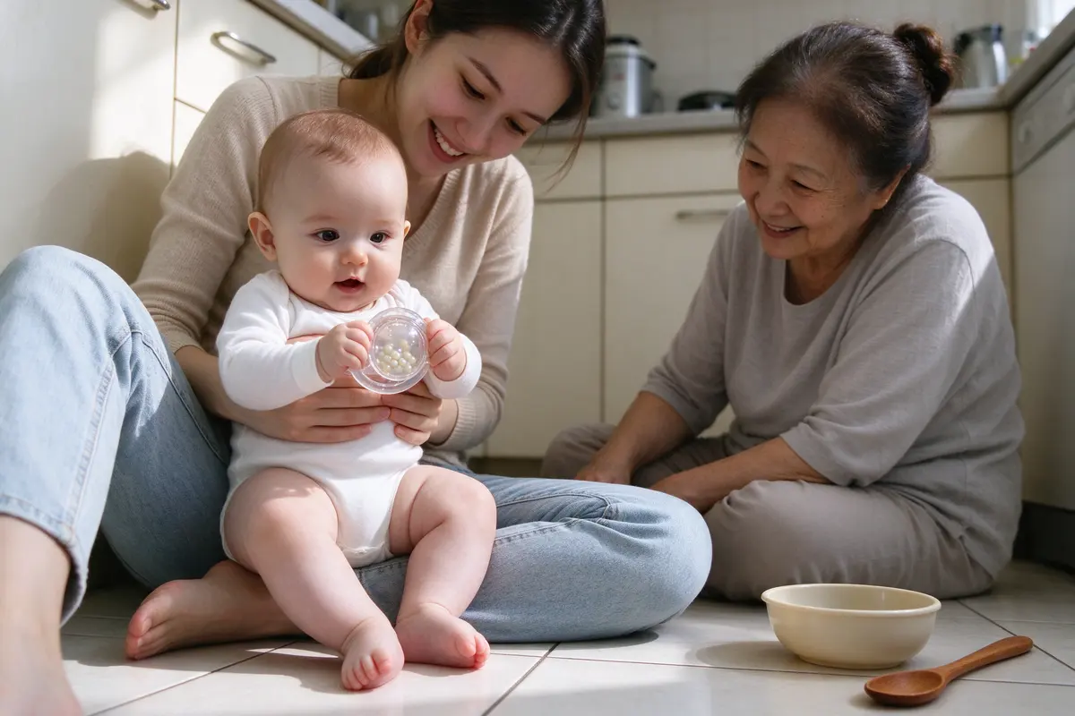 The baby on the mother's lap holding a clear rattle with both hands, beads blurred mid-shake, a wooden spoon and a plastic bowl on the floor within reach of the grandmother sitting opposite.
