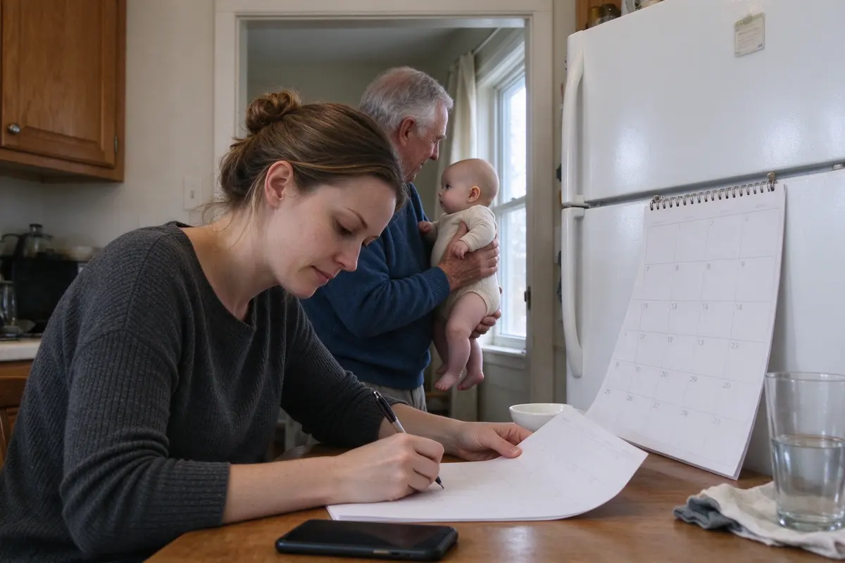 The mother at the kitchen table with her phone face-down, writing names on a paper calendar stuck to the fridge, the grandfather in the next room holding the baby up to the window.