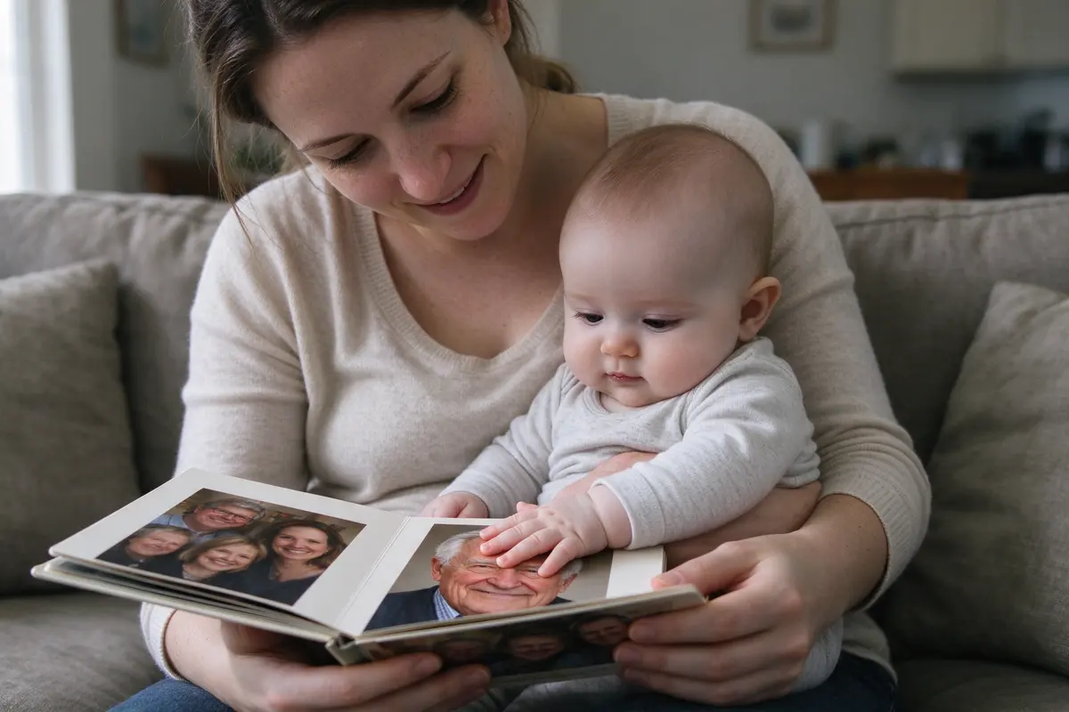 The white mother on the sofa with the baby on her lap, holding open a small photo album of close-up family faces, the baby's hand flat on a photo of a grey-haired grandfather.
