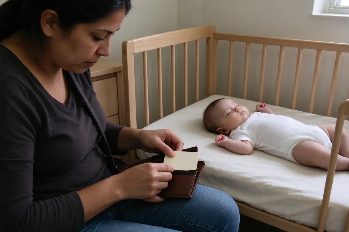 The mother tucking the index card into her wallet beside her own insurance card, the baby asleep on their back in a bare crib in the room behind her.