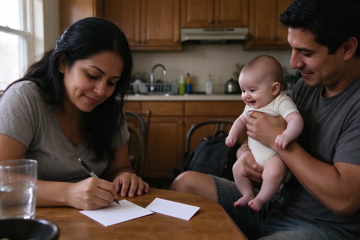 The mother at the same table writing a single sentence on an index card, the pediatrician's appointment card beside it, the father bouncing the baby on his knee across from her.