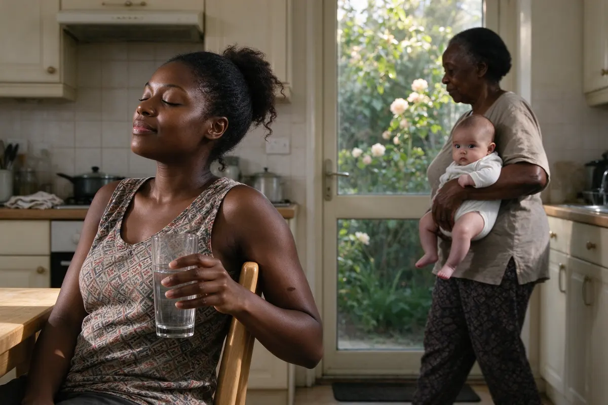 The mother leaning back in a kitchen chair with her eyes closed and a glass of water, visibly unclenched, the grandmother carrying the baby out toward the garden door.