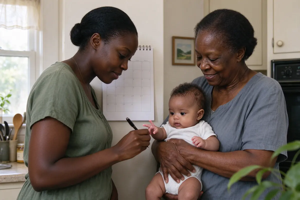 The mother writing on the wall calendar on the week after a circled appointment date, the grandmother beside her holding the baby, who reaches for the pen.