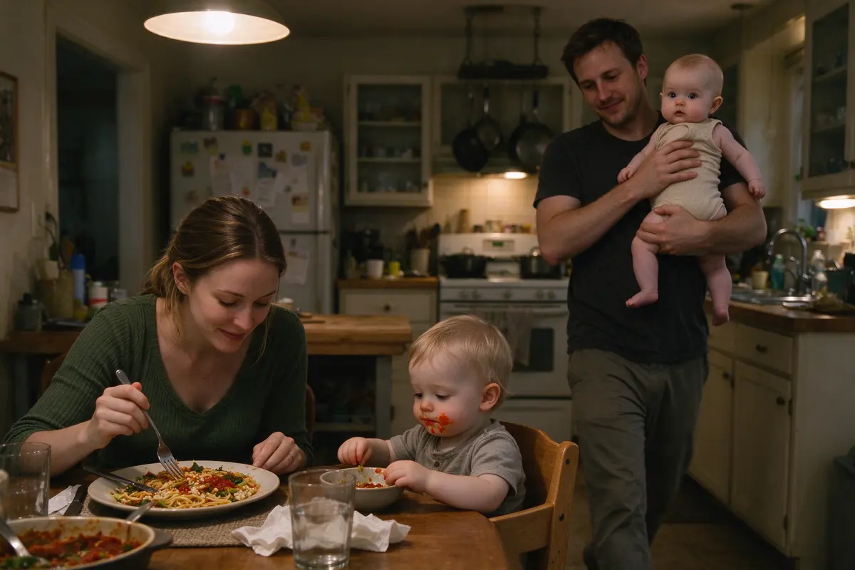 The mother sitting down to a full plate of her own while the father walks the baby around the kitchen on his shoulder, the toddler beside her with sauce on his chin.