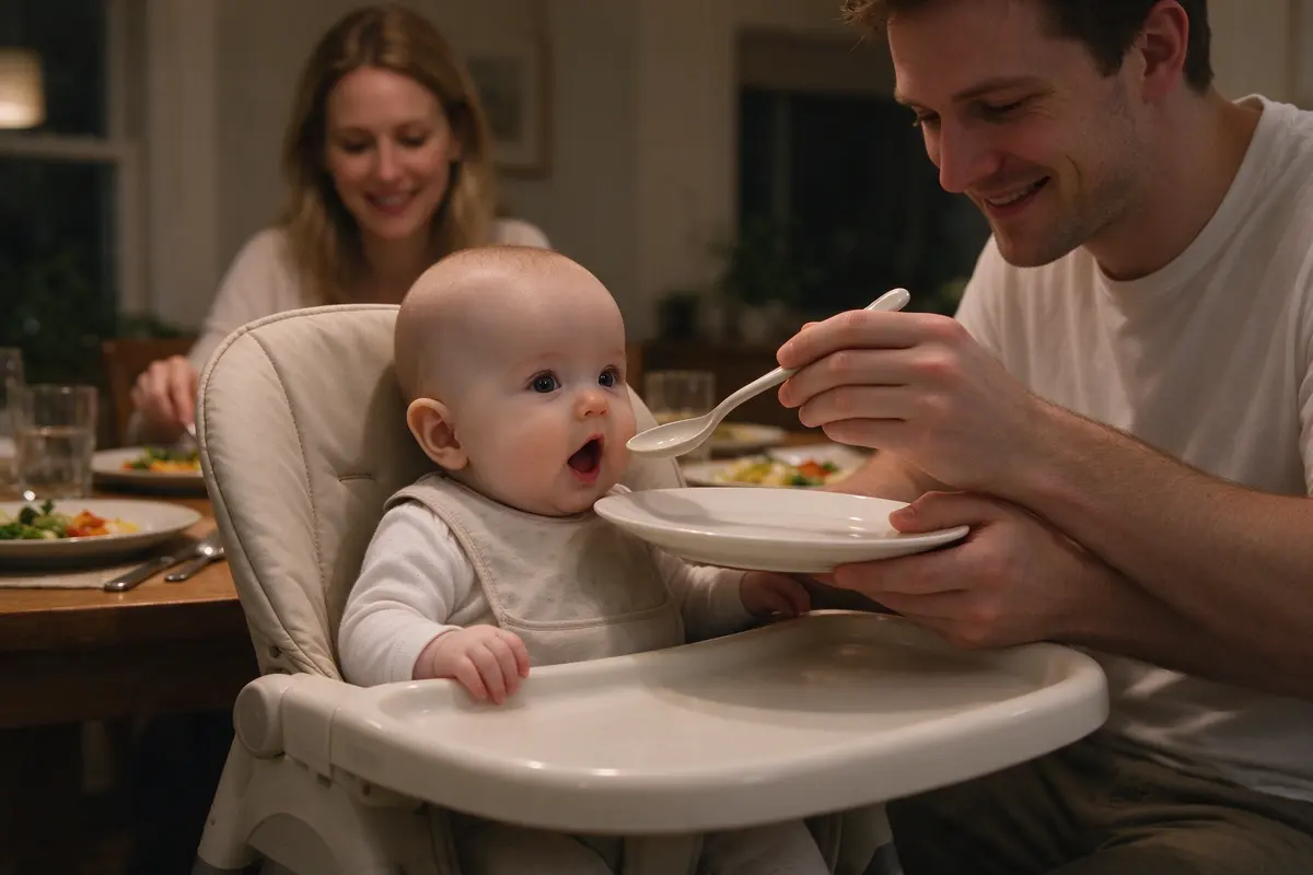 The baby buckled into a high chair pulled up to the table with nothing on the tray, head steady, leaning toward the father's plate with an open mouth as the father holds up an empty spoon.
