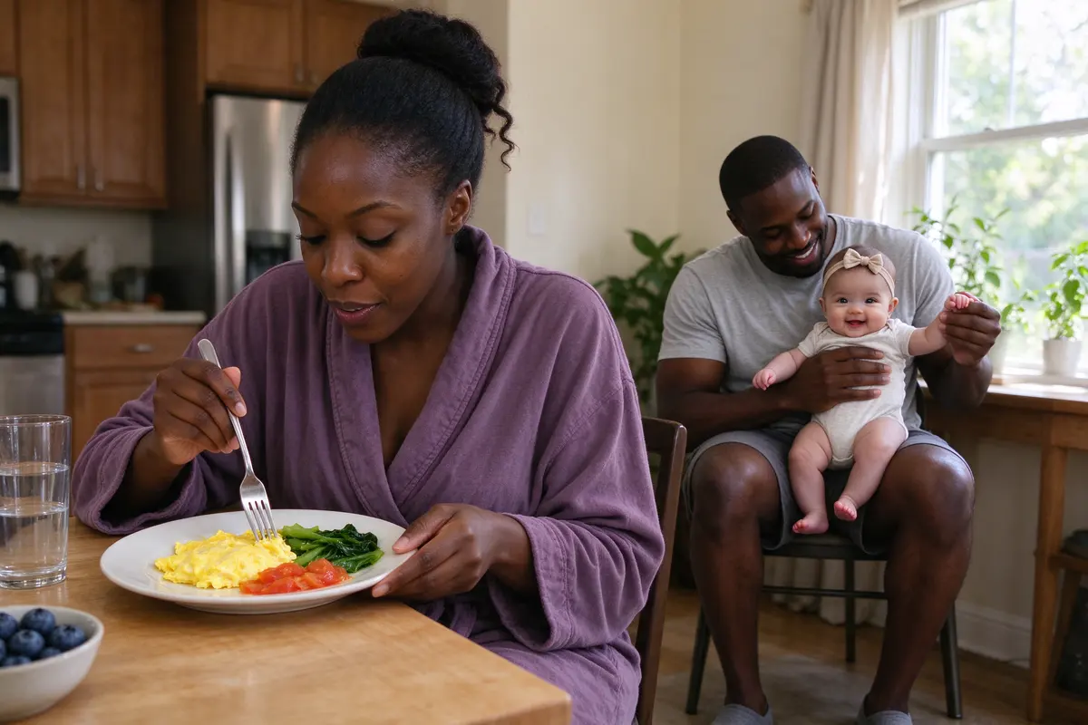 The mother eating a full plate of eggs and greens at the table while the father, in the background, bounces the baby on his thighs by the window.