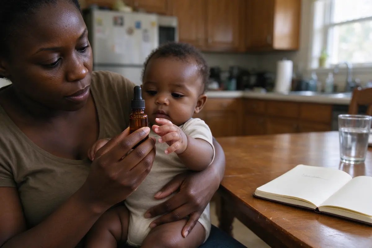 The mother reading the label of a dropper bottle up close, the baby on her lap reaching for it, a notebook open on the table with one line written.