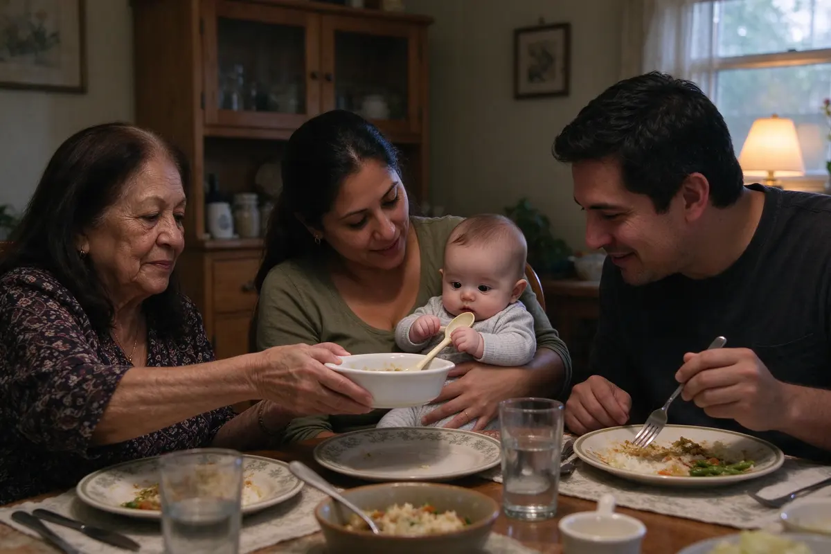 The three of them at the table at dinner, the grandmother passing a dish, the baby on the mother's lap gripping an empty spoon and watching every fork.