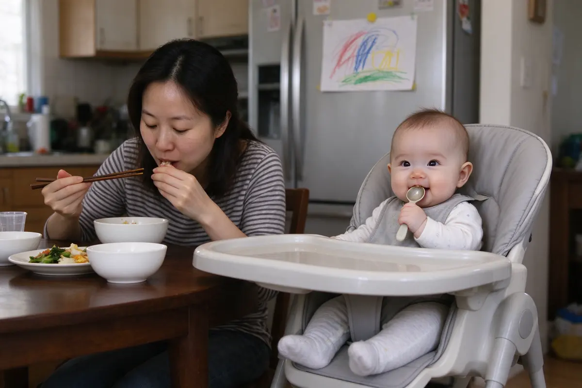 The mother sitting and eating with both hands, the baby in the high chair beside her chewing the spoon handle, the older child's drawing taped to the fridge behind.