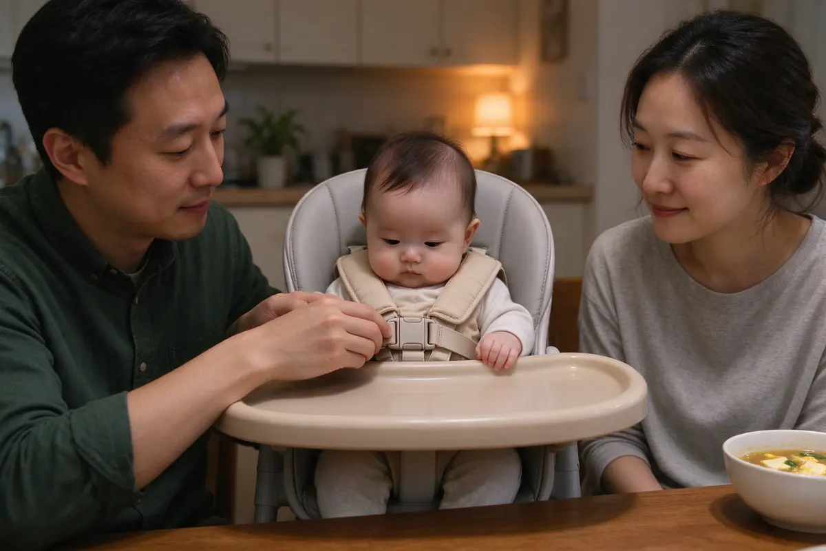 The father clicking the high chair's harness buckle at the baby's chest, the baby looking down at the strap, the mother's bowl of soup pushed to the far side of the table.