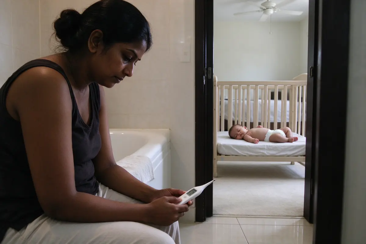 The mother sitting on the edge of the bath reading a thermometer in her own hand, the baby asleep on their back in a bare crib through the open door.