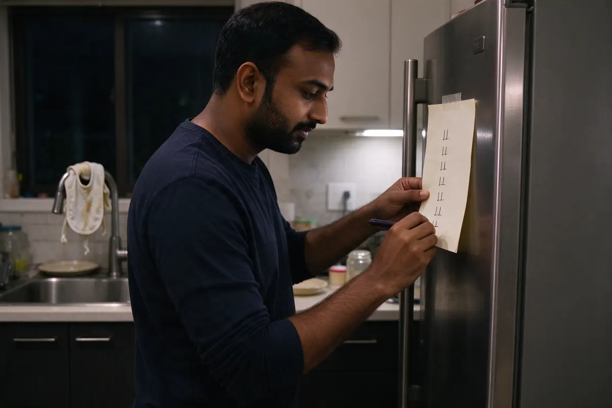 The father at the kitchen counter at night writing a date and a few ticks on a sheet of paper taped to the fridge, a damp bib drying over the tap behind him.