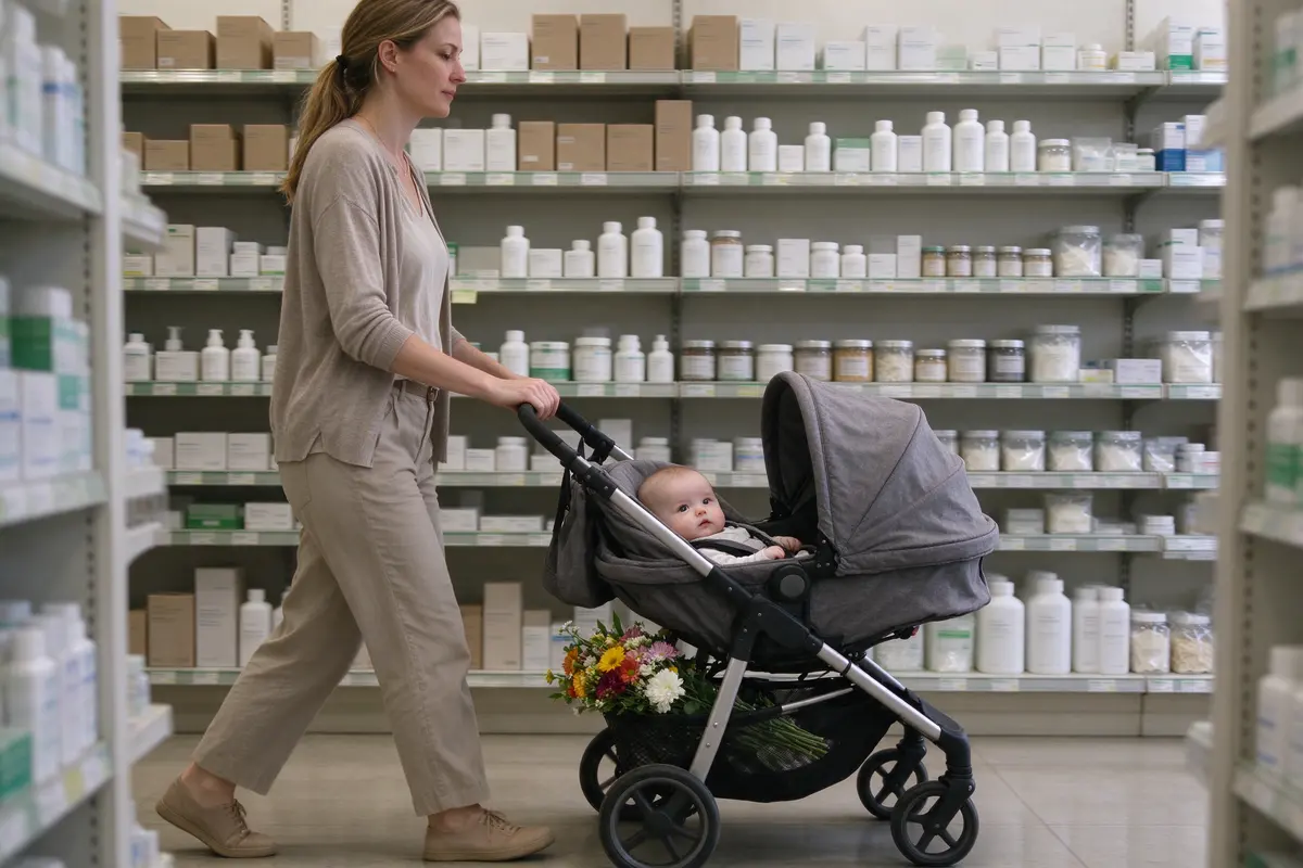 The mother in a pharmacy aisle pushing the stroller past a shelf of teething gels and amber necklaces without stopping, a bunch of flowers in the basket under the stroller.