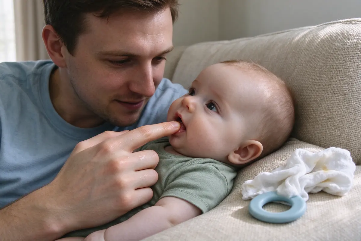 The Black mother's freshly washed fingertip rubbing the baby's lower gum, the baby's eyes on her face, a twisted damp washcloth and the ring waiting on the sofa cushion.