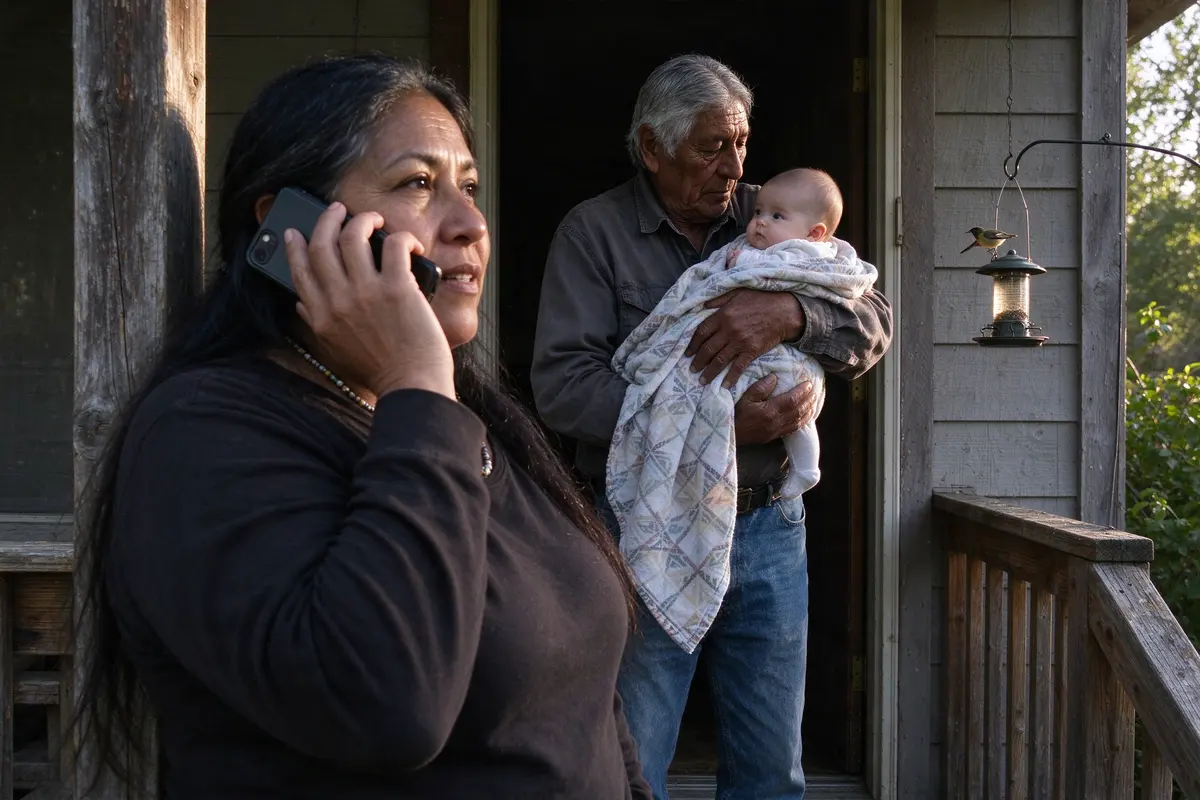 The mother on the porch with her phone to her ear and a calendar app open on the screen, the grandfather in the doorway behind her holding the baby up to see a bird feeder.