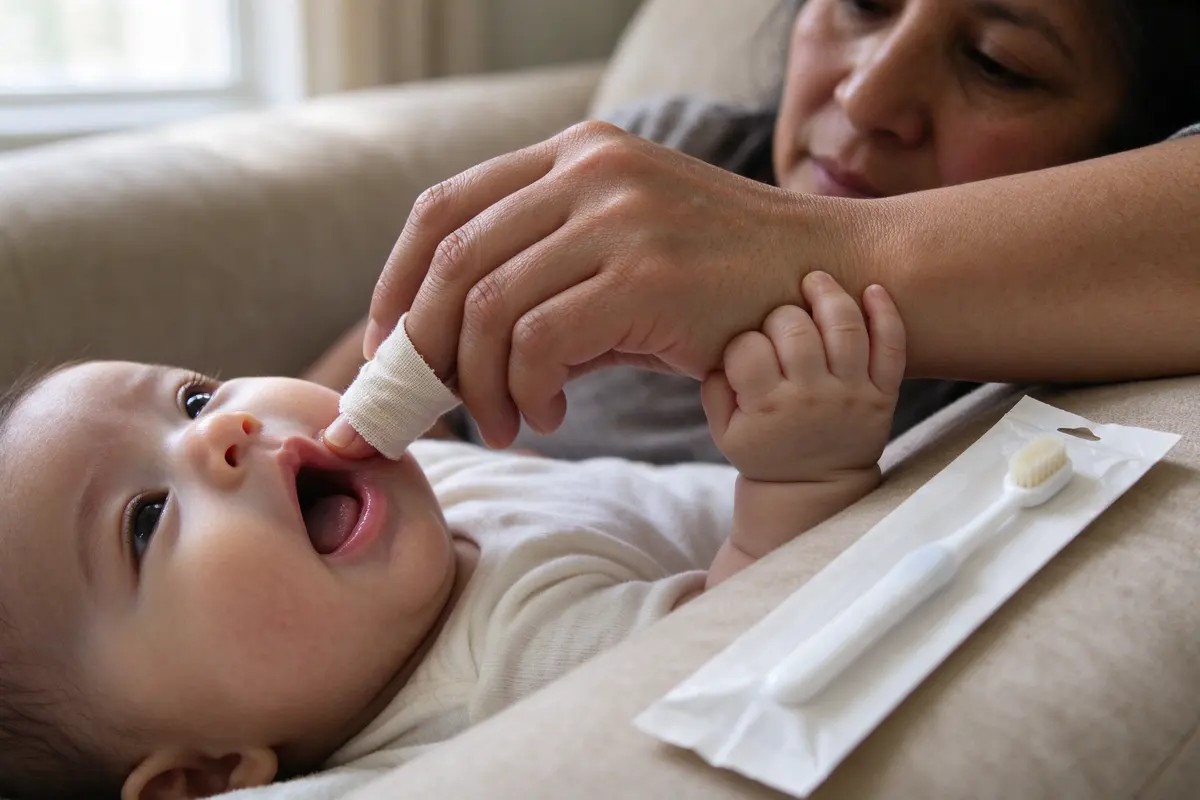 Close on the baby's open mouth and the mother's cloth-wrapped finger on the lower gum, the baby's hand clamped around her wrist, a soft baby toothbrush still in its packet on the cushion.