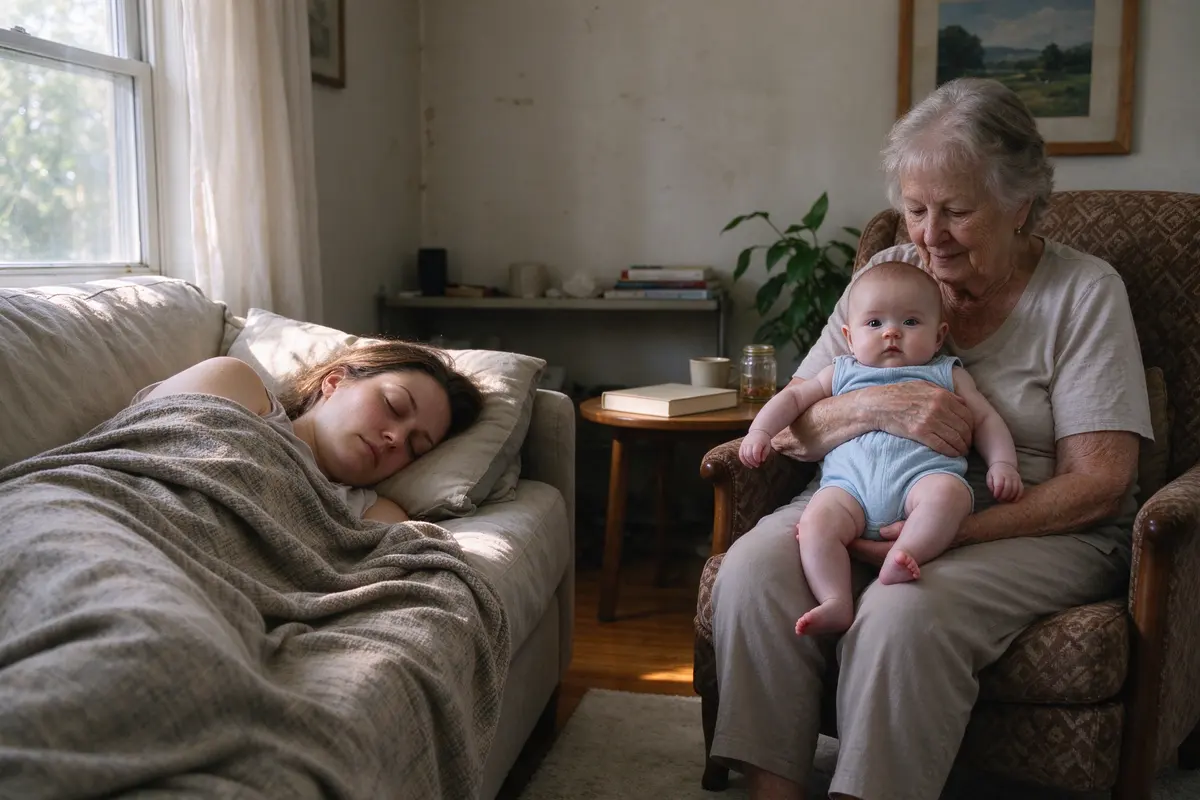 The mother asleep on the sofa under a throw in the afternoon, her own mother in the armchair across the room holding the awake baby upright on her knee.