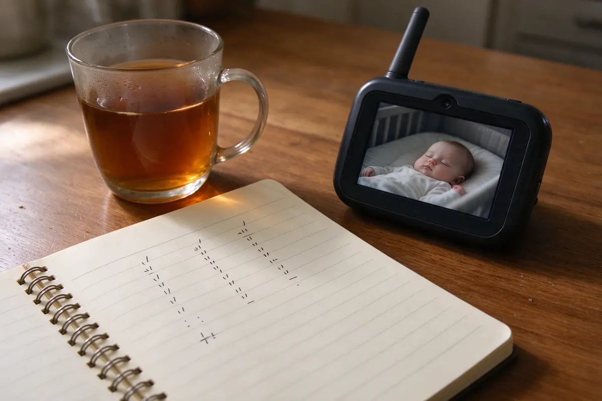Close on the notebook page: three days of nap times in pen with the hours added up at the bottom, a cold mug of tea beside it and the baby monitor showing a sleeping baby.