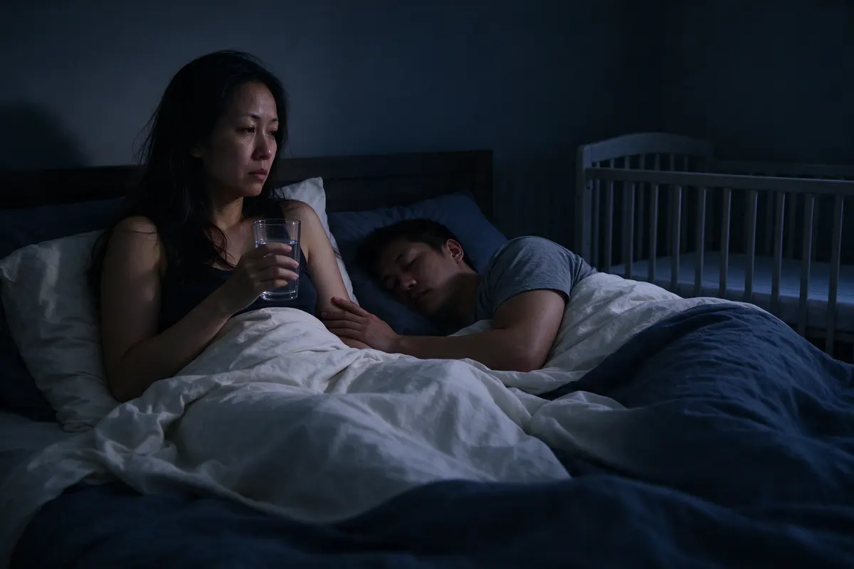 The mother sitting up in bed in the dark with a glass of water, the crib an arm's length away, the father asleep beside her with one hand on her back.