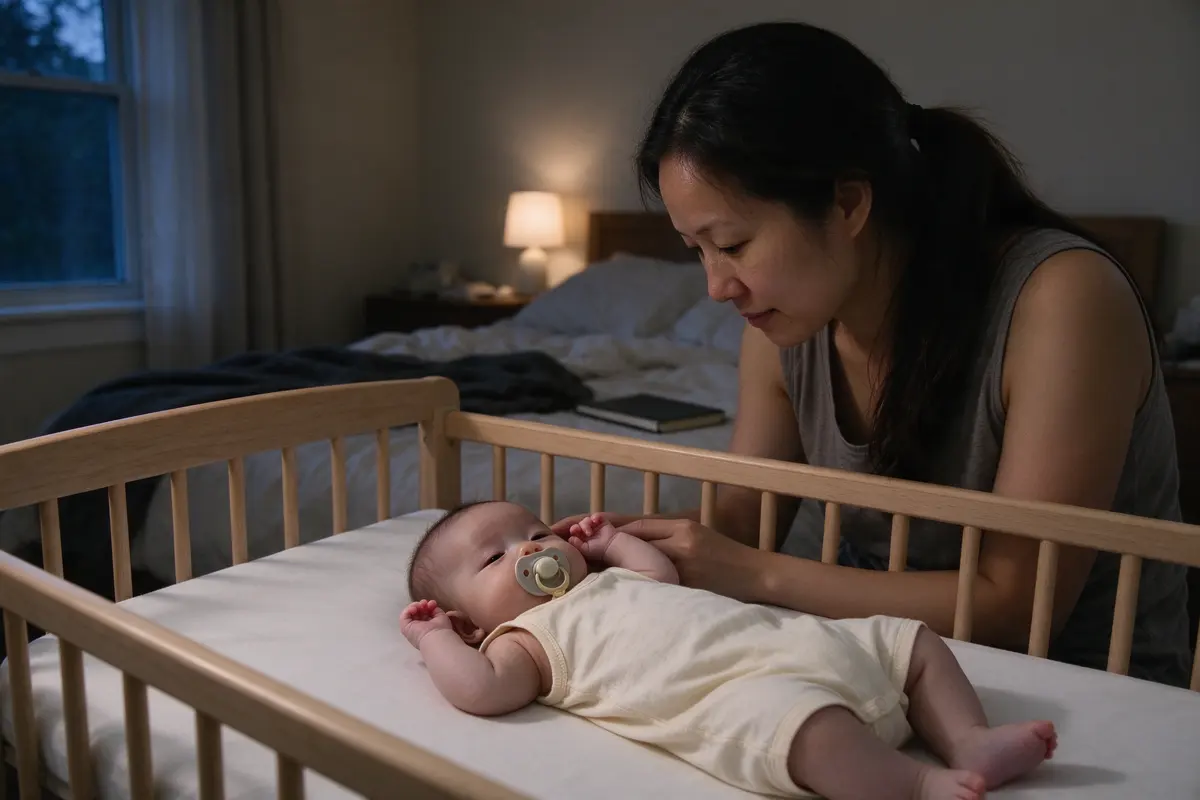 The mother laying the baby on their back in a bare crib in the parents' room, both of the baby's arms out of the sleep sack and up by the ears, a pacifier in the mouth with no clip or cord.