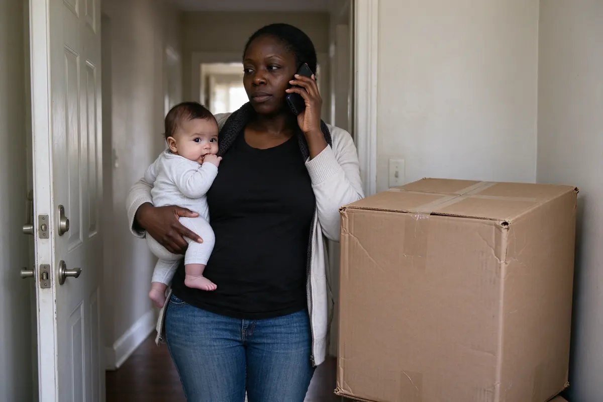 The mother at the front door with a phone to her ear and a boxed baby walker, still taped shut, leaning against the hall wall beside her, the baby on her hip chewing her collar.