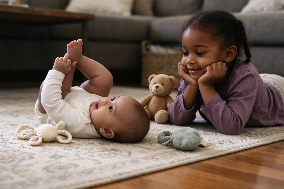 The baby on their back on the rug gripping one foot with both hands, three safe toys within reach, the father's five-year-old daughter lying on her tummy opposite, chin in her hands, watching.
