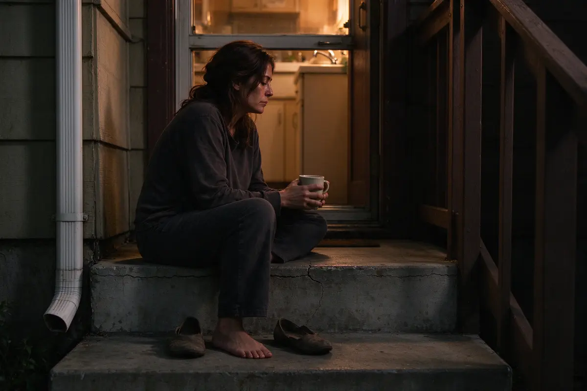The mother alone on the back step with a mug after the visit, shoes off, the sound of the grandfather singing to the baby suggested by the open kitchen window behind her.