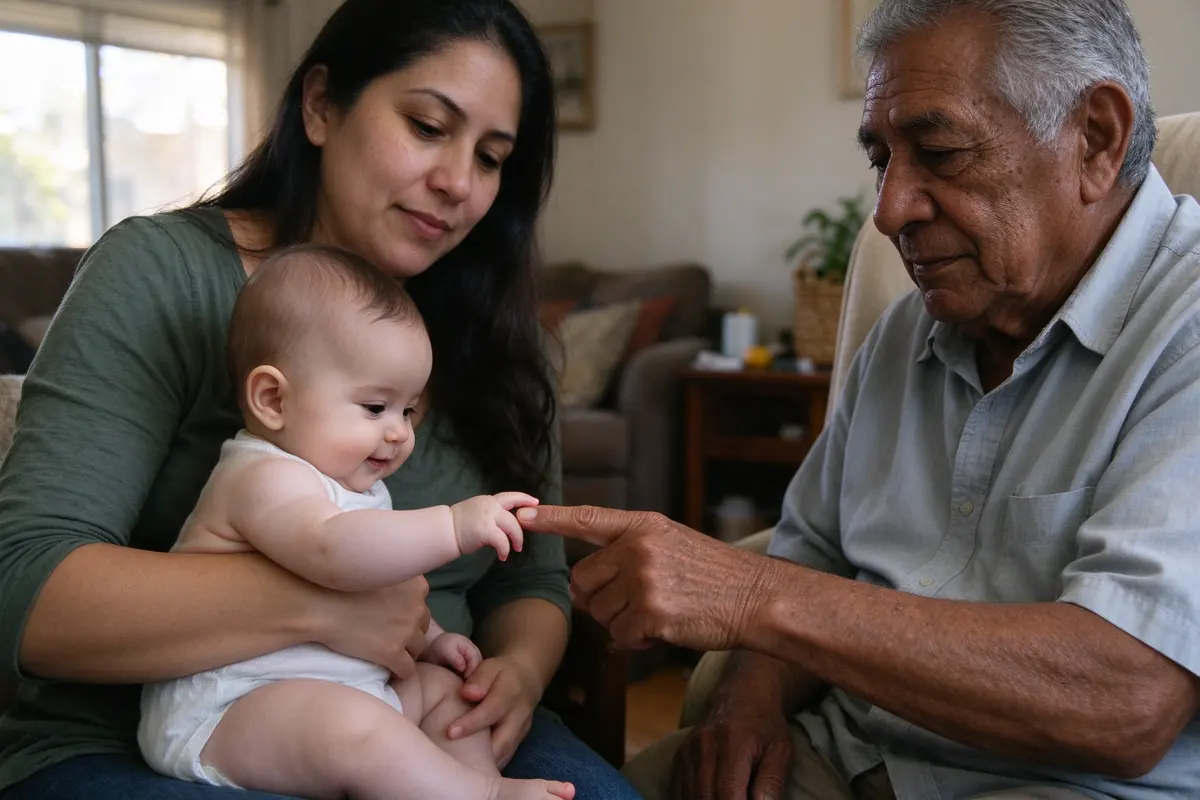 A minute later: the baby leaning forward off the mother's lap toward the grandfather's outstretched finger, the first hint of a smile, the grandfather still seated and still.