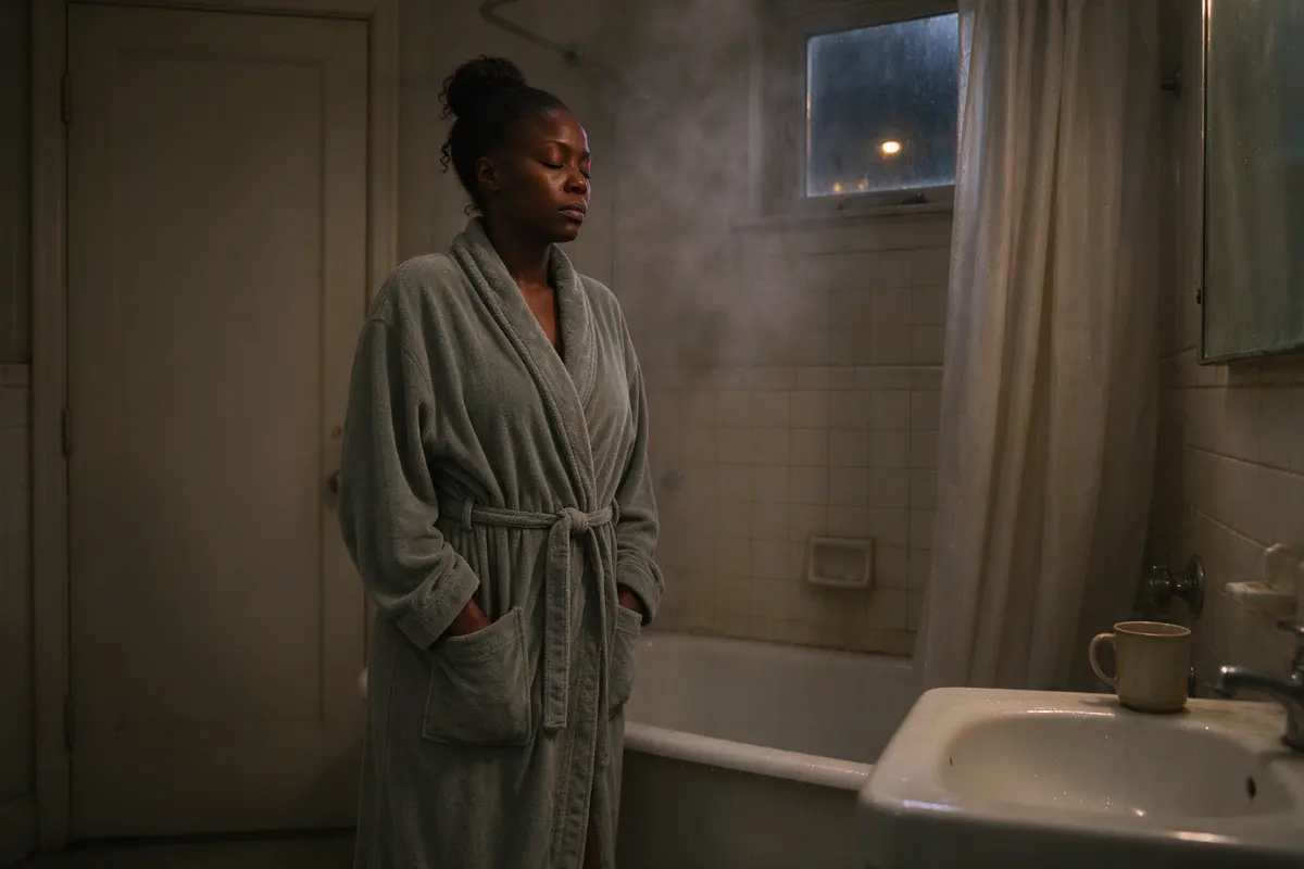 The mother alone in a steamy bathroom with her hair up and her eyes closed, a mug on the edge of the tub, the door shut, evening light through a small window.