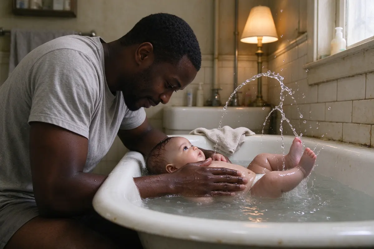 The father kneeling at a bathtub with one hand flat on the baby's chest, the baby on their back in a few inches of water, legs kicking and spray in the air, a towel on the rim.