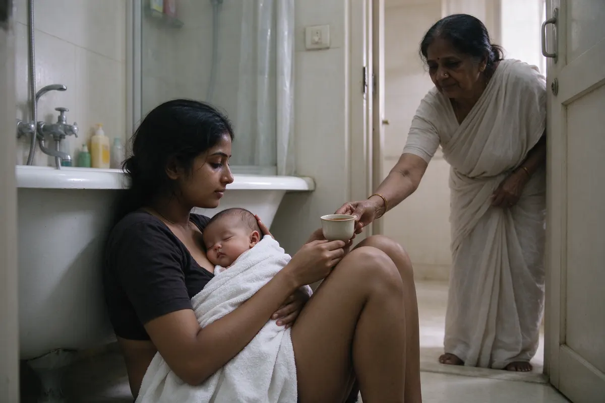 The mother sitting on the bathroom floor with her back against the tub, the wrapped baby asleep on her chest, the grandmother in the doorway handing her a cup of tea.