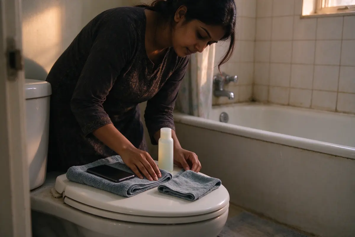 The mother laying out a folded towel, a washcloth, and a bottle of baby soap on the closed toilet lid beside an empty tub, her phone face down on top of the towel.