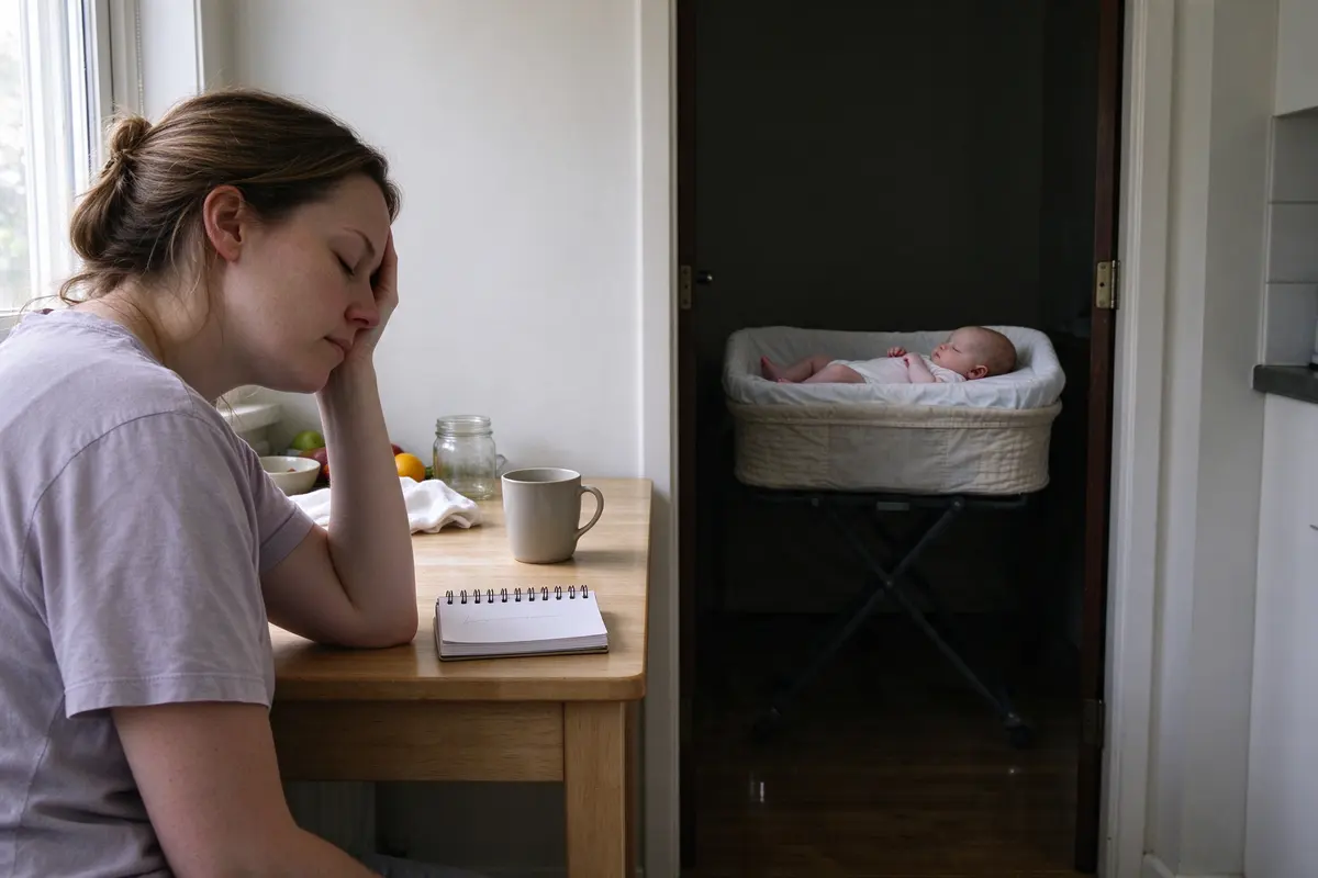 The mother at the kitchen table with a notepad and one line written on it, a mug beside her, the baby asleep on their back in a bare bassinet visible through the doorway.