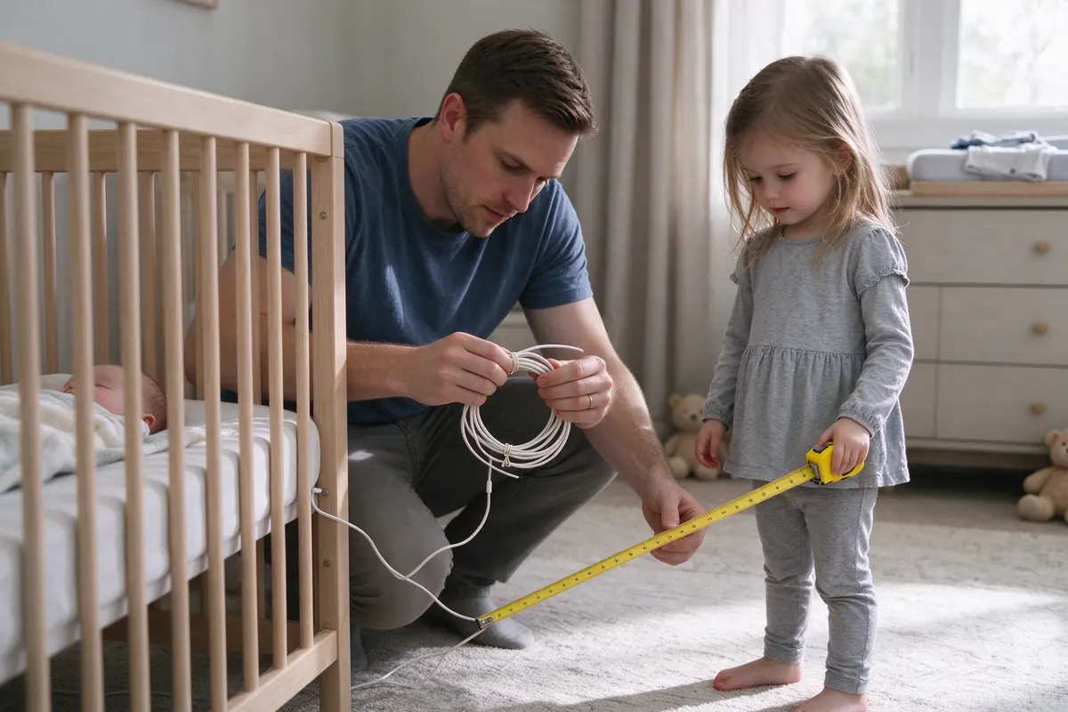 The father crouched behind the crib coiling a baby-monitor cord with a twist tie, a tape measure on the rug, the four-year-old sister holding the other end of the tape.