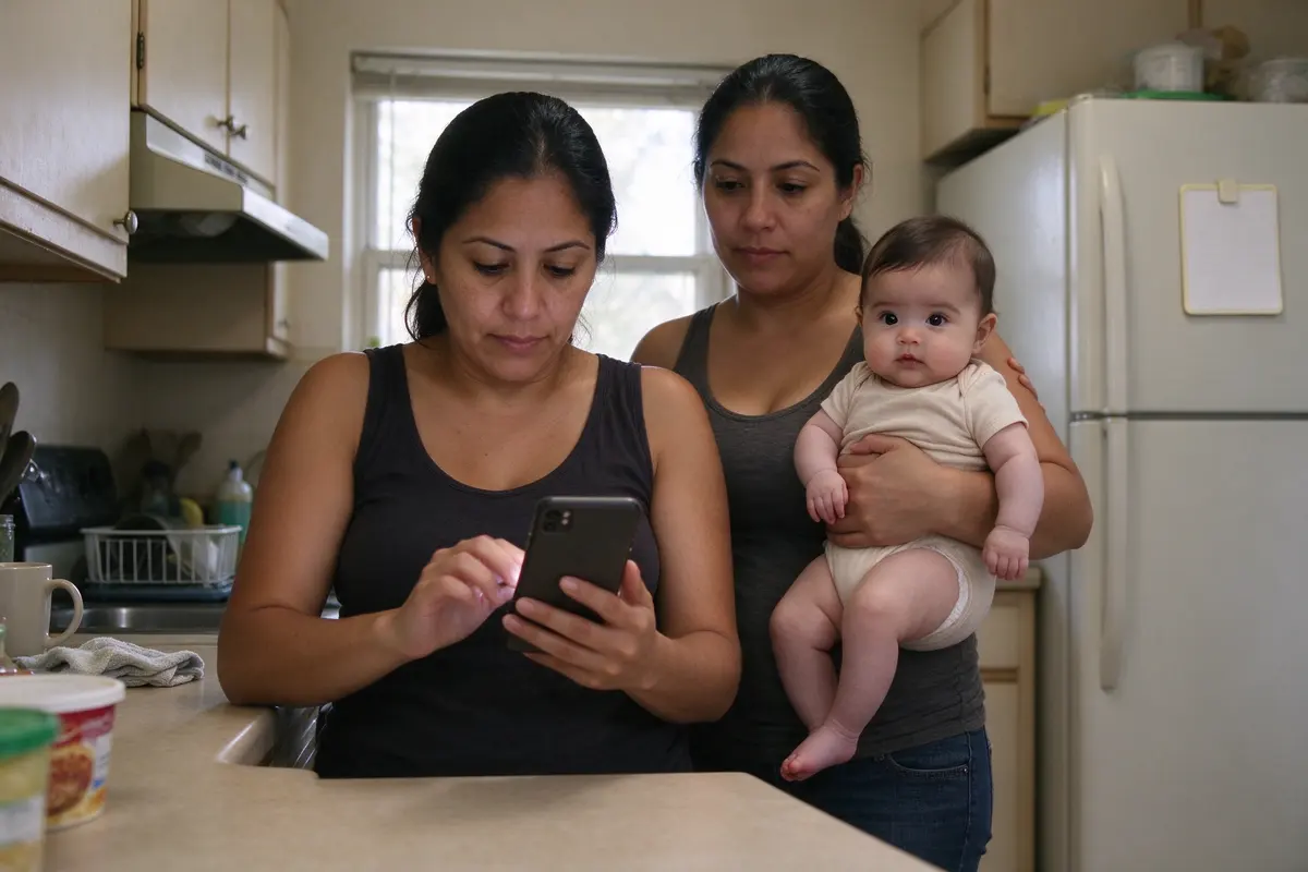 The mother at the kitchen counter typing a number into her phone, her partner behind her holding the baby on one hip, a fridge magnet with a handwritten number beside them.