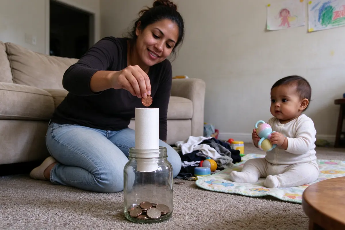 The mother kneeling by the sofa dropping a coin through an empty toilet-paper tube into a jar, a pile of small things beside her, the baby on the mat behind her with a large rattle.