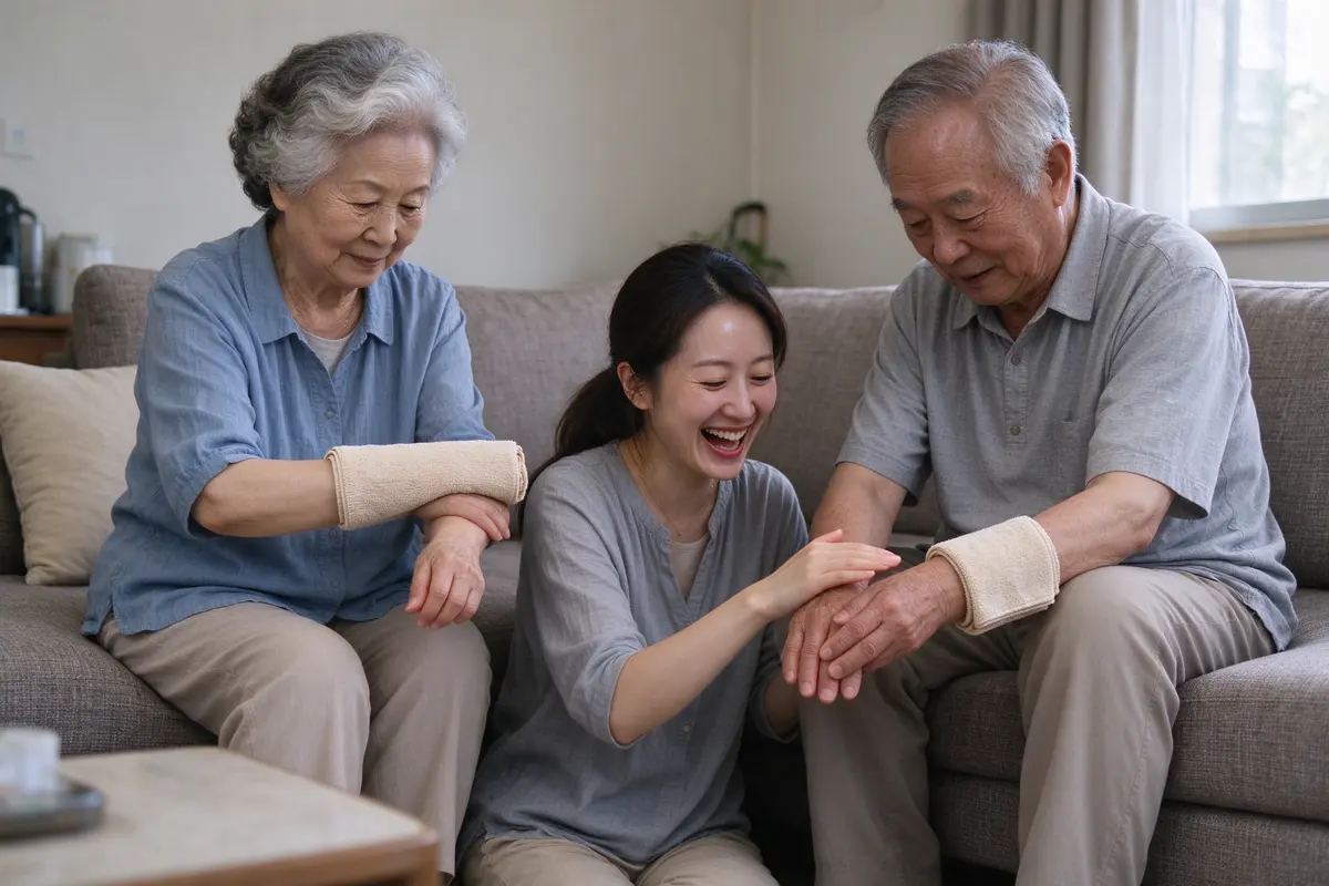 The grandmother and grandfather side by side on a sofa, each holding a rolled towel across a forearm the way the class showed, the mother laughing and correcting the grandfather's hand.