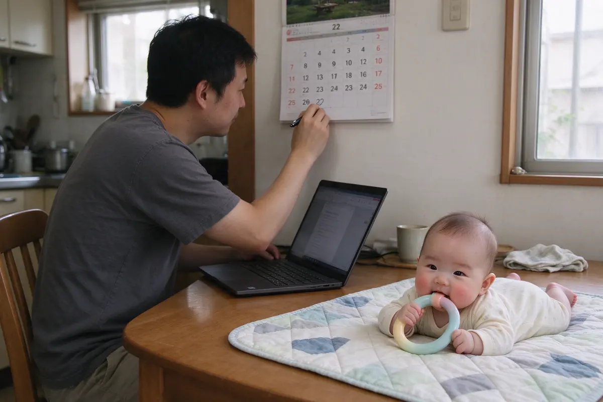 The father at a kitchen table with a laptop open to a class calendar, writing a date on a paper calendar on the wall, the baby on a play mat on the floor chewing a large ring.